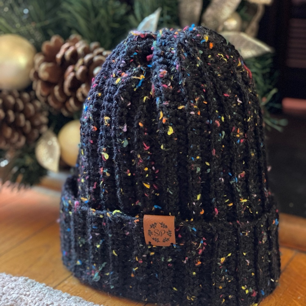 CozybySP HANDMADE Black Beanie Colorful Flecks, Crocheted Adjustable Slouchy Hat